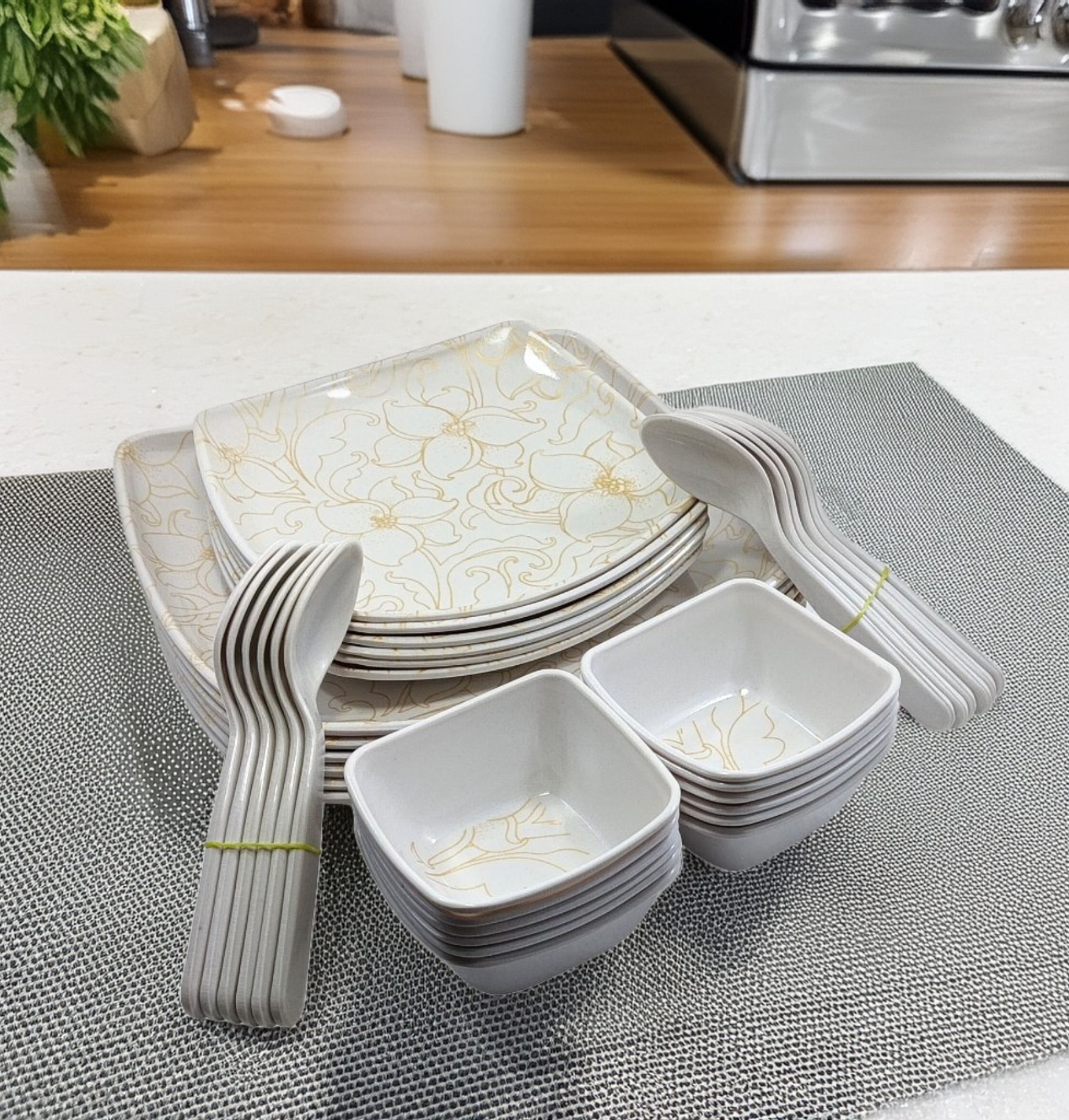 kitchrox Pack of 36 Melamin Designer Dinnerware Contain 6 Dinner Plate, 6 Half Plates,12 bowls,12 Spoons Dinner Set-picture-10