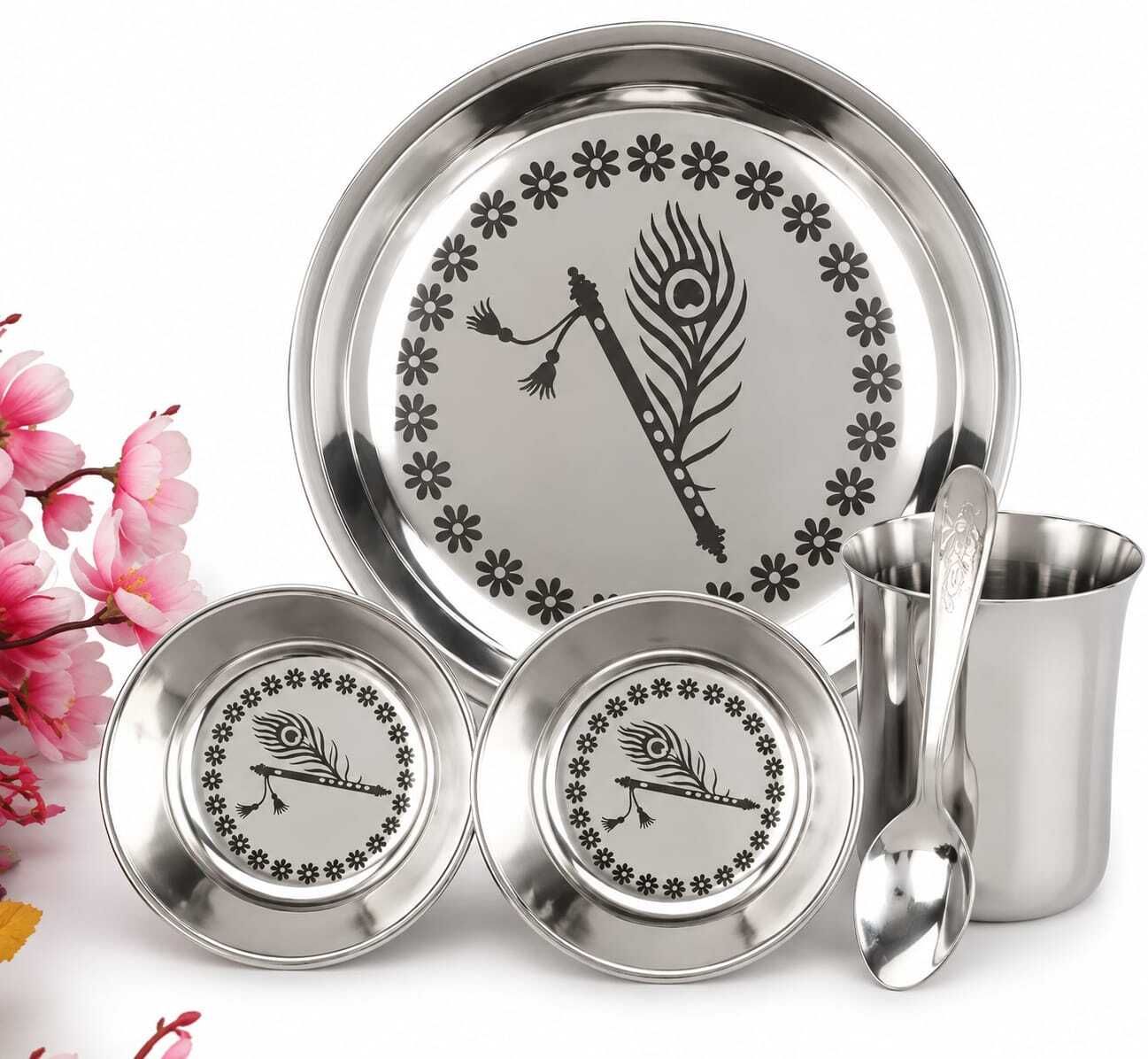 swarn bhumi Pack of 5 Stainless Steel LADUGOPAL BOG/PUJA PLATE Dinner Set-picture-10