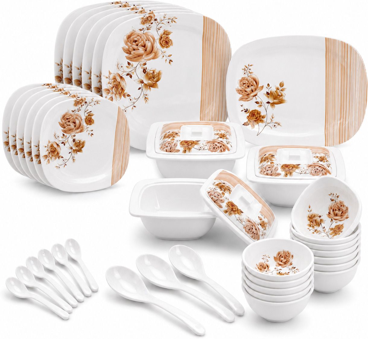 Pack of 40 Melamin Golden Stripes |Dinnerware Set with Plates,Bowls & Casseroles|Serving of 6 Dinner Set-image-27