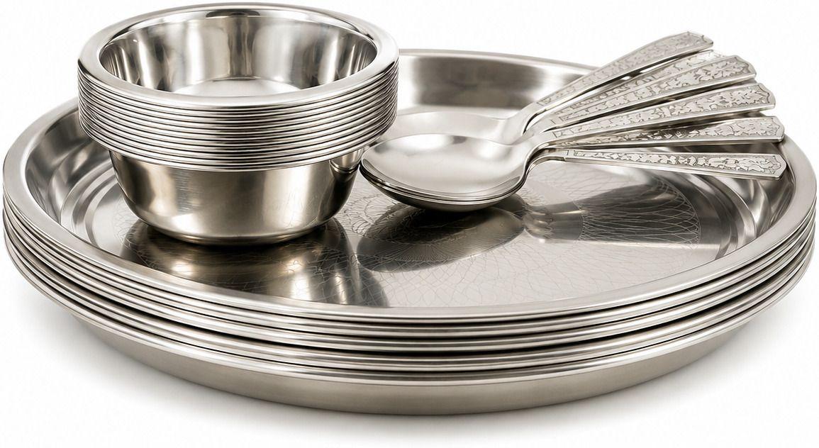 weezly Pack of 9 Stainless Steel Heavy Grade Stainless Steel Floral Designer |Dinner set |3,Thali, 3 Bowl,3 Spoon Dinner Set-picture-23