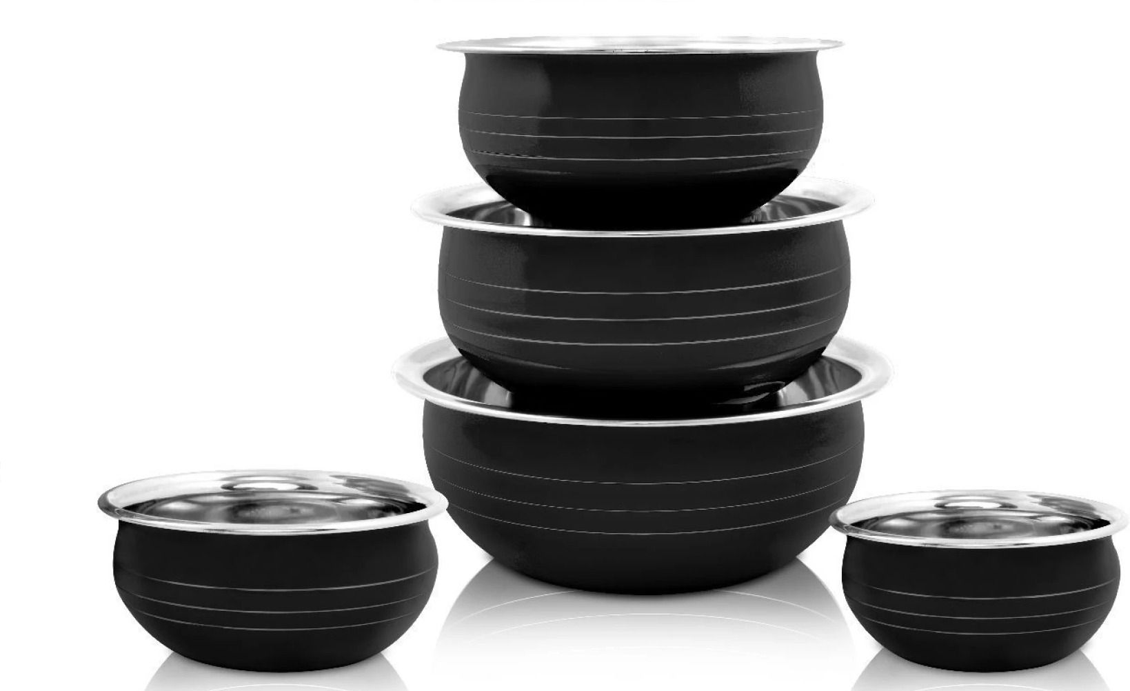 Pack of 5 Stainless Steel powder coating Handi/Cookware Set/Serving Bowl Piece of 5 Black Pot Pan patila Dinner Set-image-10
