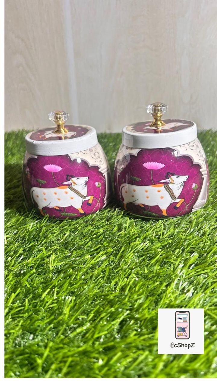ecshopz Pack of 2 Bronze Pichwai Printed Metal Jar with Lid for Dry Fruit, Gifts & Home Decor (Pack of 2) Dinner Set-picture-34