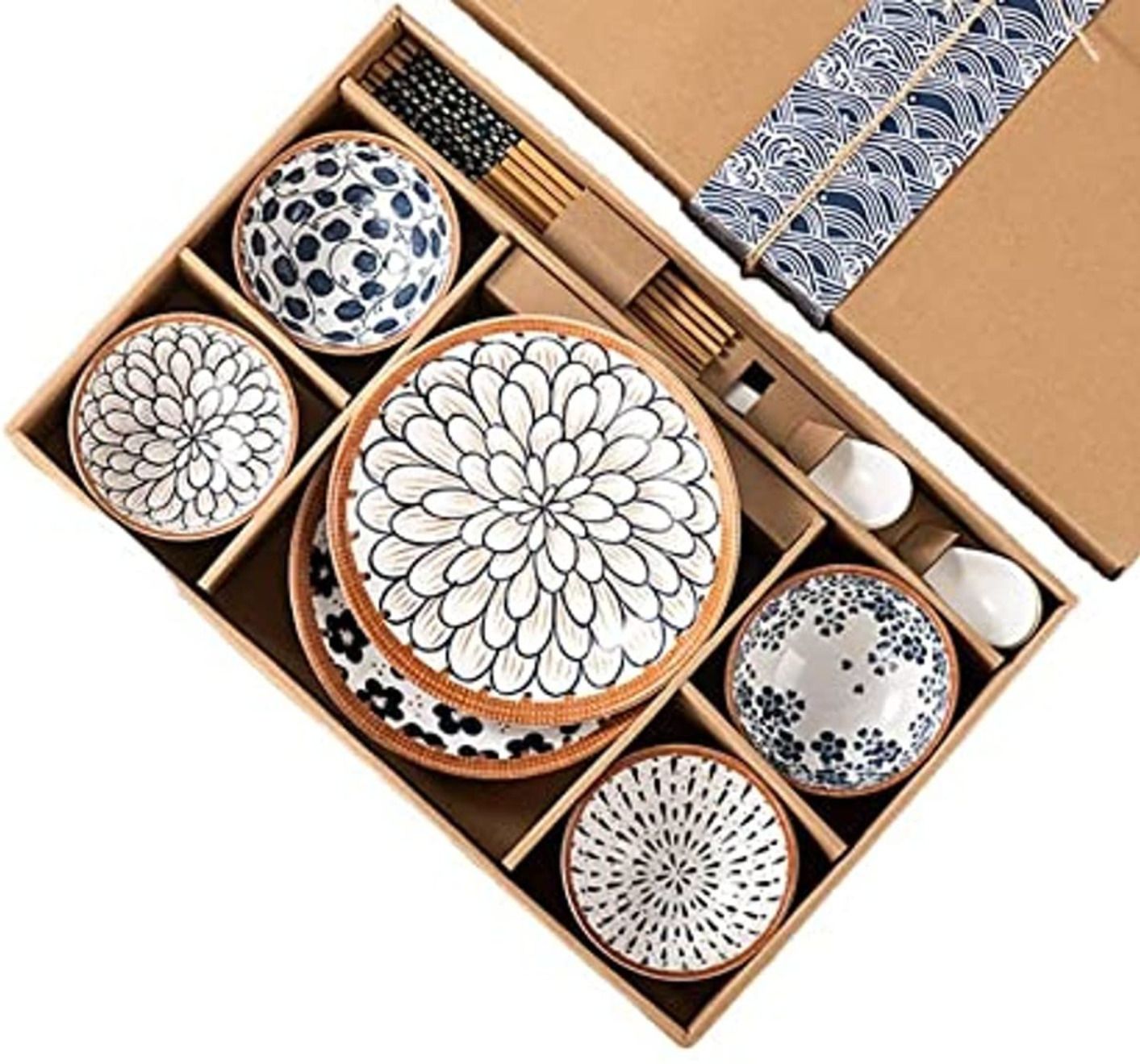 dansr Pack of 14 Ceramic Japanese Blue Floral Ceramic Dinnerware Set Microwave Safe Plates Bowls Dinner Set-picture-32