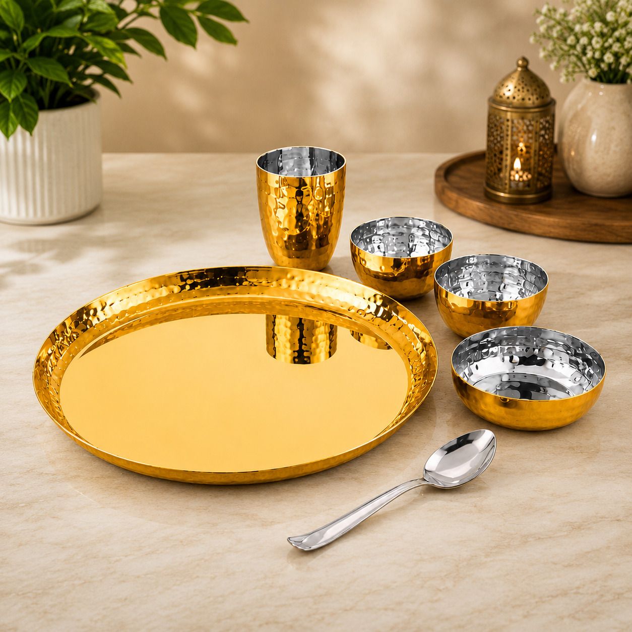 visaxmi Stainless Steel Hammered Dinner Set of 6 | Thali set for Home, Festive Dining, Pooja & Gifting Dinner Set-picture-47