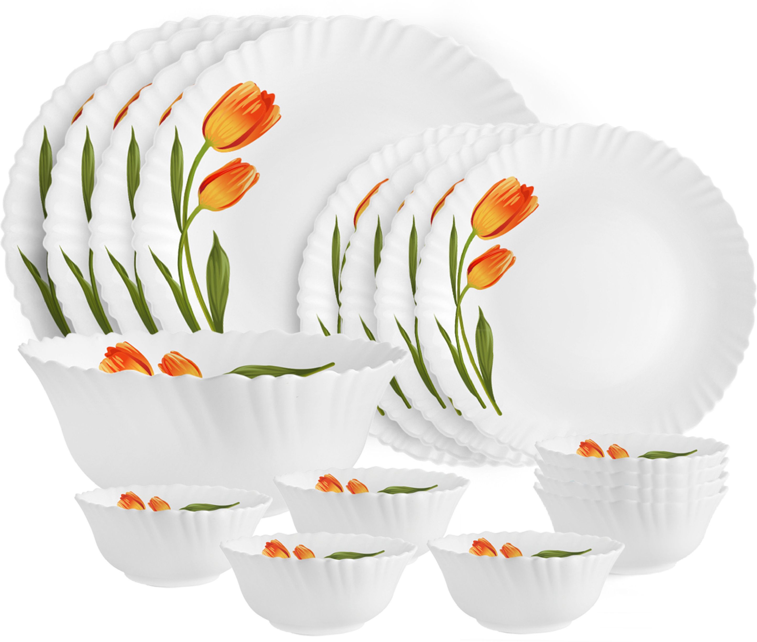 Pack of 17 Opalware Dazzle Series Spring Tulip Crockery Set |Dishwasher Safe| Light-Weight Dinner Set