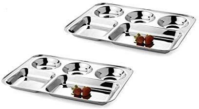 Pack of 2 Stainless Steel Stainless Steel Dinner Plate/Bhojan Thali with Rectangle Compartments Dinner Set