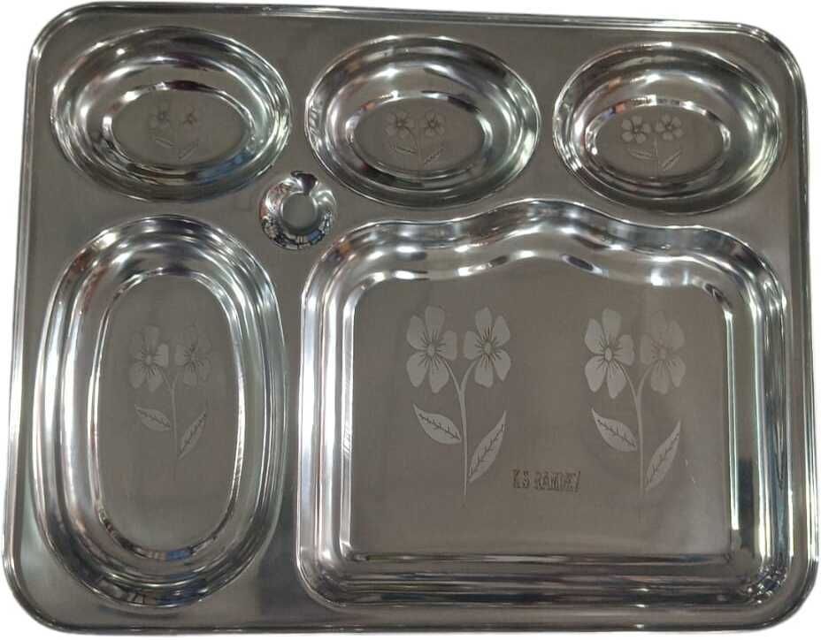 Steel Stainless Steel Plate Bhojan loral Laser Design in All compartments 5 Thali Dinner Set-image-4