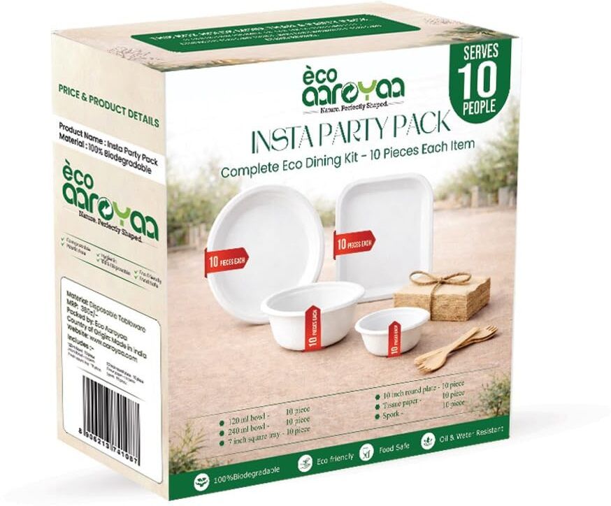 aaroyaa Pack of 60 Bamboo Plates, Bowls, Serving Bowls, Cups, Wooden Cutlery & Tissue Box, Biodegradable Dinner Set-picture-0