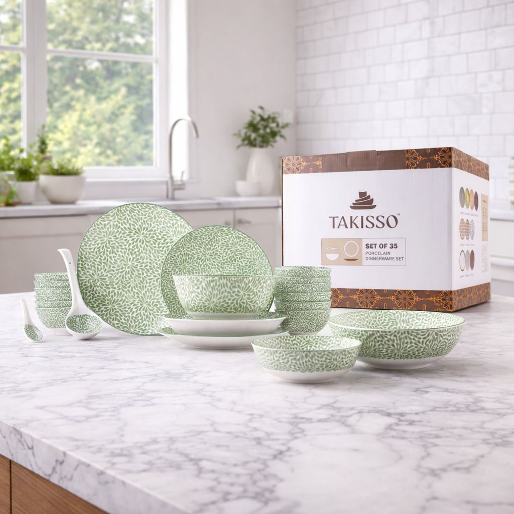 takisso Pack of 35 Porcelain Green Floral Porcelain 35 Pcs Dinner Set with Plates, Bowls & Spoons Dinner Set-picture-36