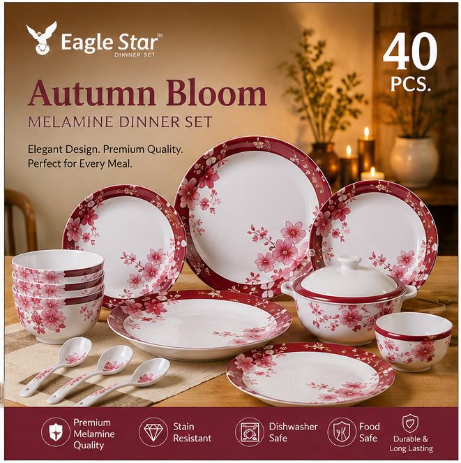 Pack of 40 Melamin Autumn Bloom Melamine Dinner Set | Dishwasher Safe| Stain Resistant Dinner Set-image-25