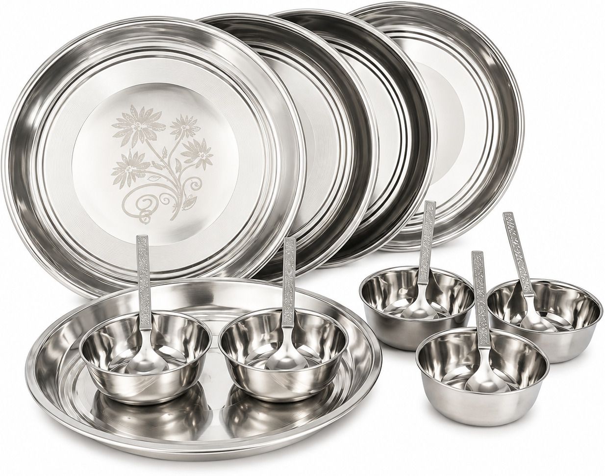 Pack of 9 Stainless Steel 3 Plate,3 Bowl,3 Spoon Heavy Gauge Kitchen Set for Home | Lazer Design Dinner Set-image-9