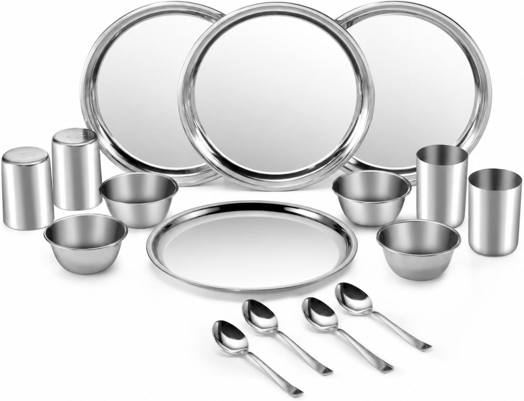 tkona Pack of 16 Stainless Steel 4 Person Dinner Set | Mirror Finish Thali Set with Plates, Bowl, Glass, Spoon Dinner Set-picture-24