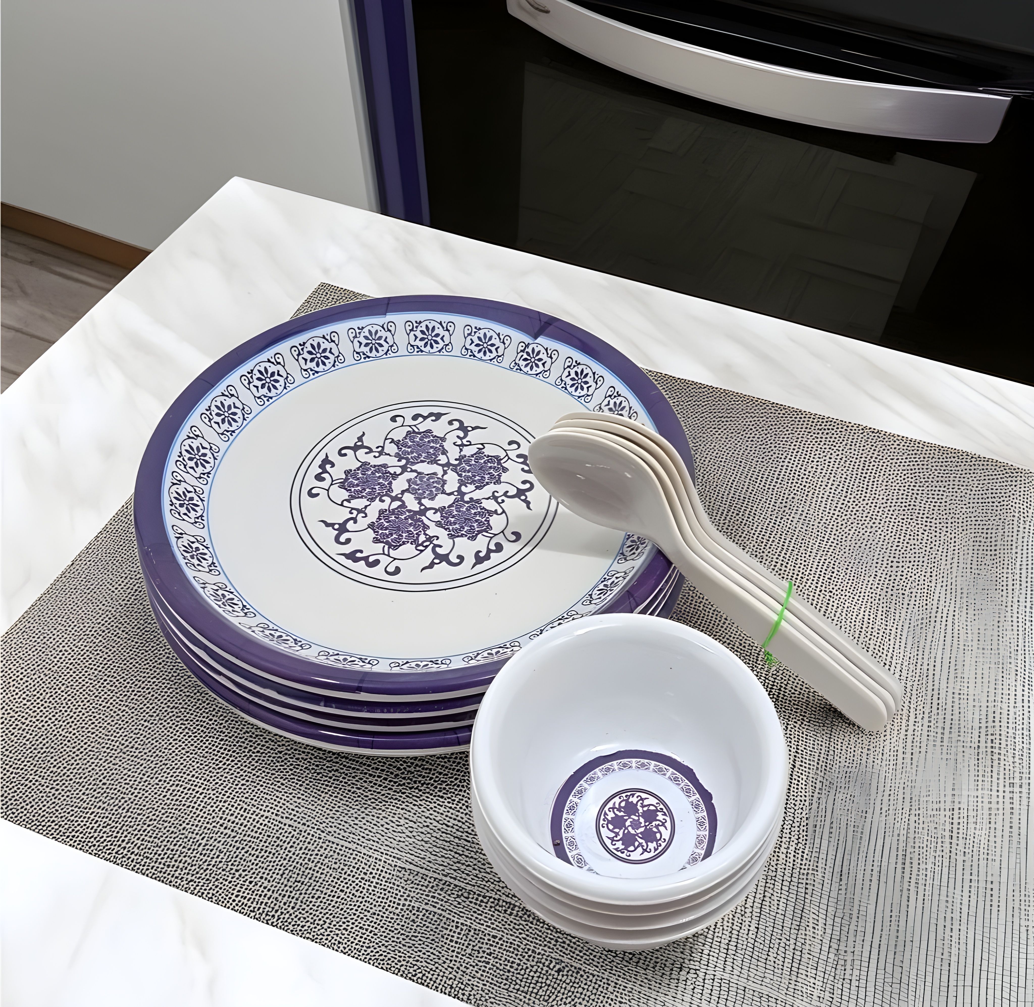 kitchrox Pack of 12 Melamin Upgrade Your Dining with our Blue Printed Melamine Dinnerset Perfect for Dinning Dinner Set-picture-44