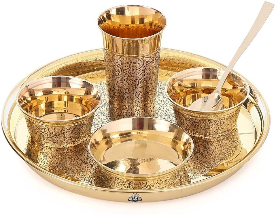 Pack of 6 Brass Royal Vintage Brass Thali Set 6 Pc 12in Plate Bowls Glass Spoon Dinner Pooja Set Dinner Set-image-38