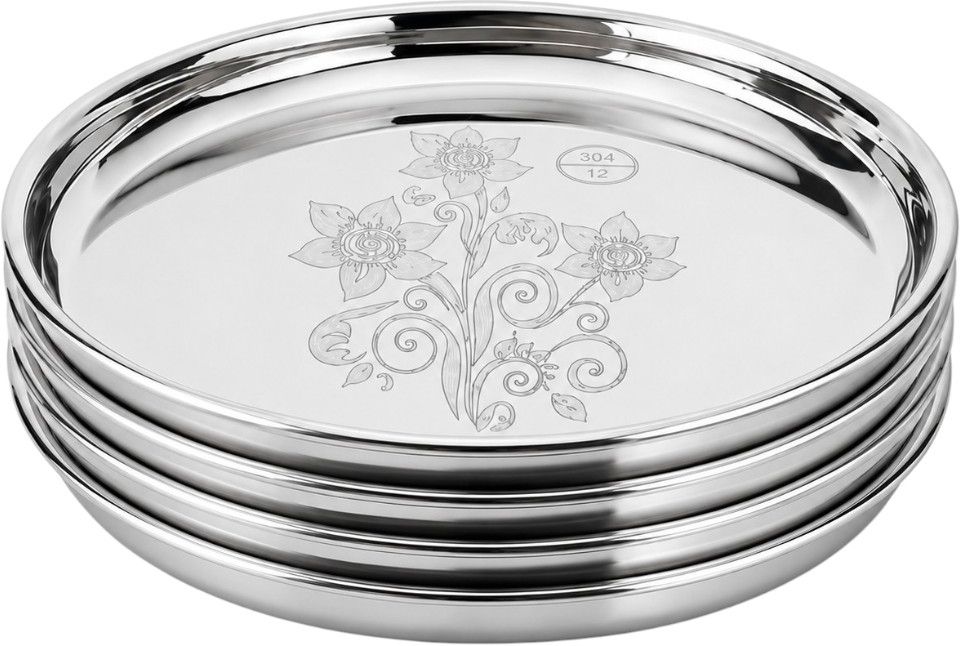 gptrade Pack of 4 Stainless Steel Premium Dinner Plate set of 4 | Mirror Finish | 12 Inch Dinner Set-picture-21