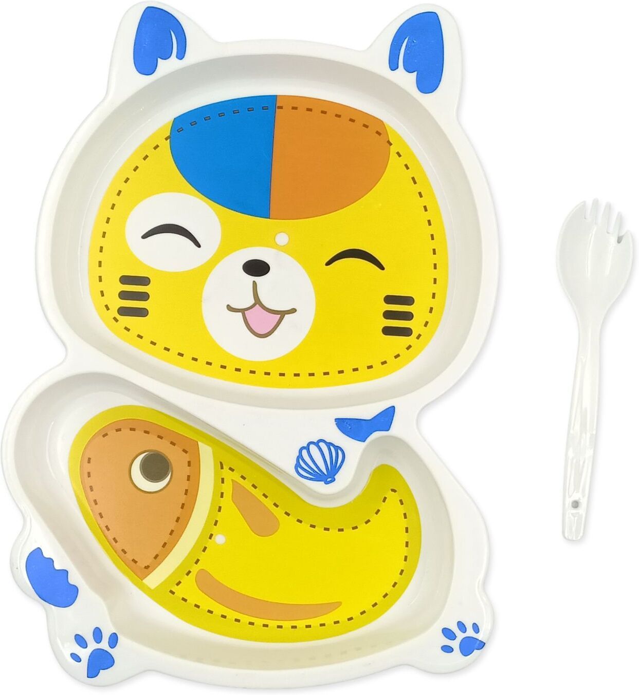 Kitty Shaped Kids Feeding Plate with White Plastic Fork Dinner Set - Plastic-image-11