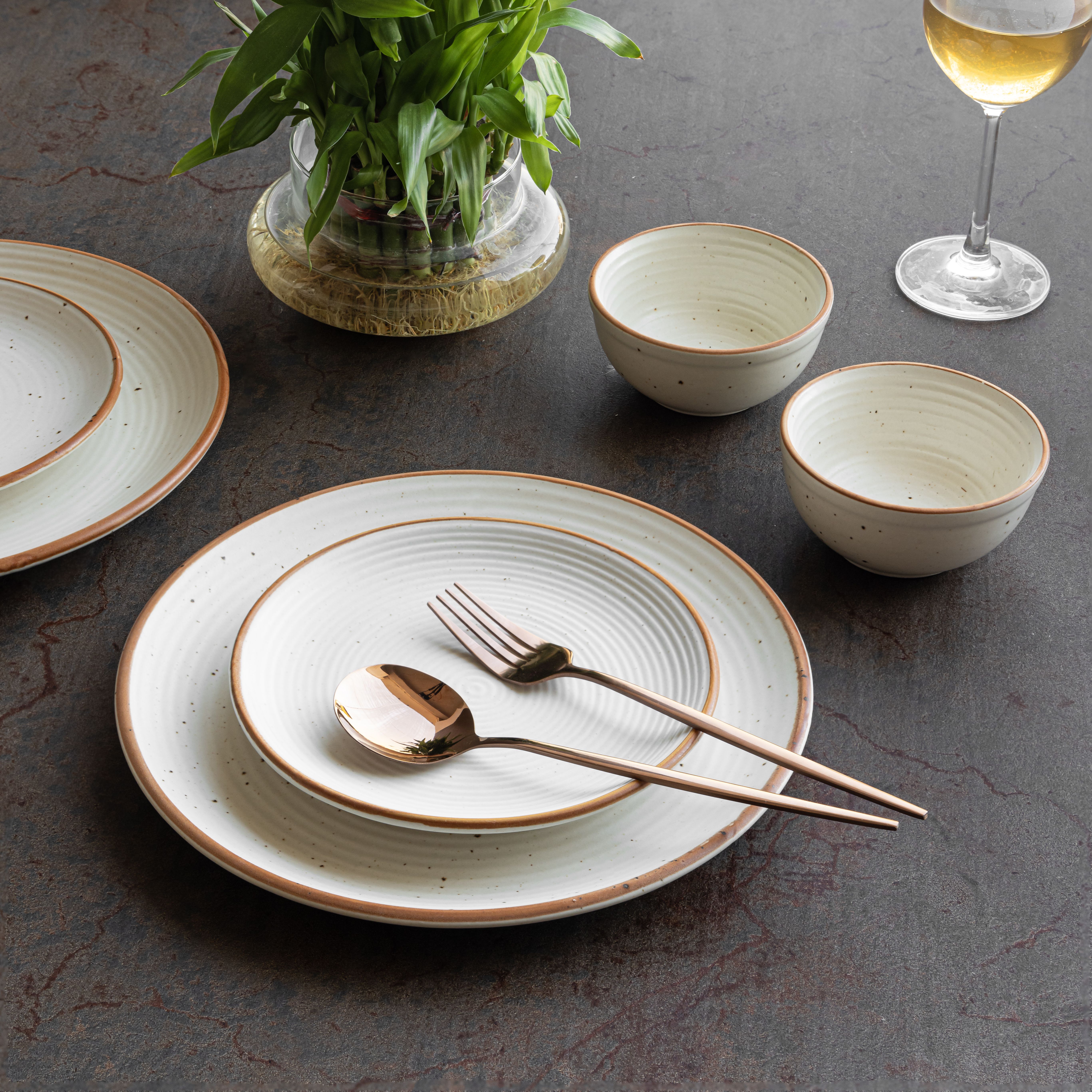 Pack of 5 Ceramic Rustic Ivory Stoneware Dinnerware Set – Speckled Ceramic Plates & Bowls Dinner Set-image-33