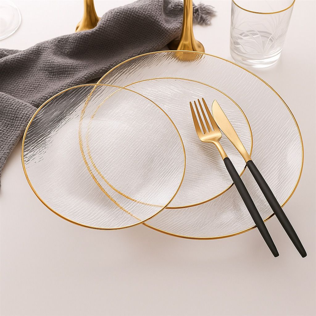 Pack of 3 Glass 3 Pcs Crystal Glass Plate Set | Textured Gold Rim Dinner Set-image-9