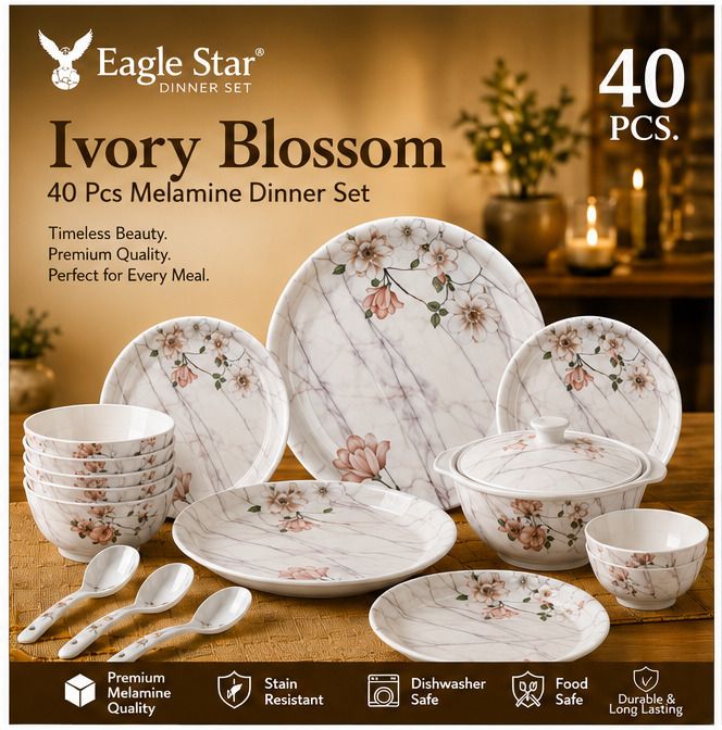 Pack of 40 Melamin Ivory Blossom Melamine Dishwasher Safe | Stain Resistant Dinner Set-image-24