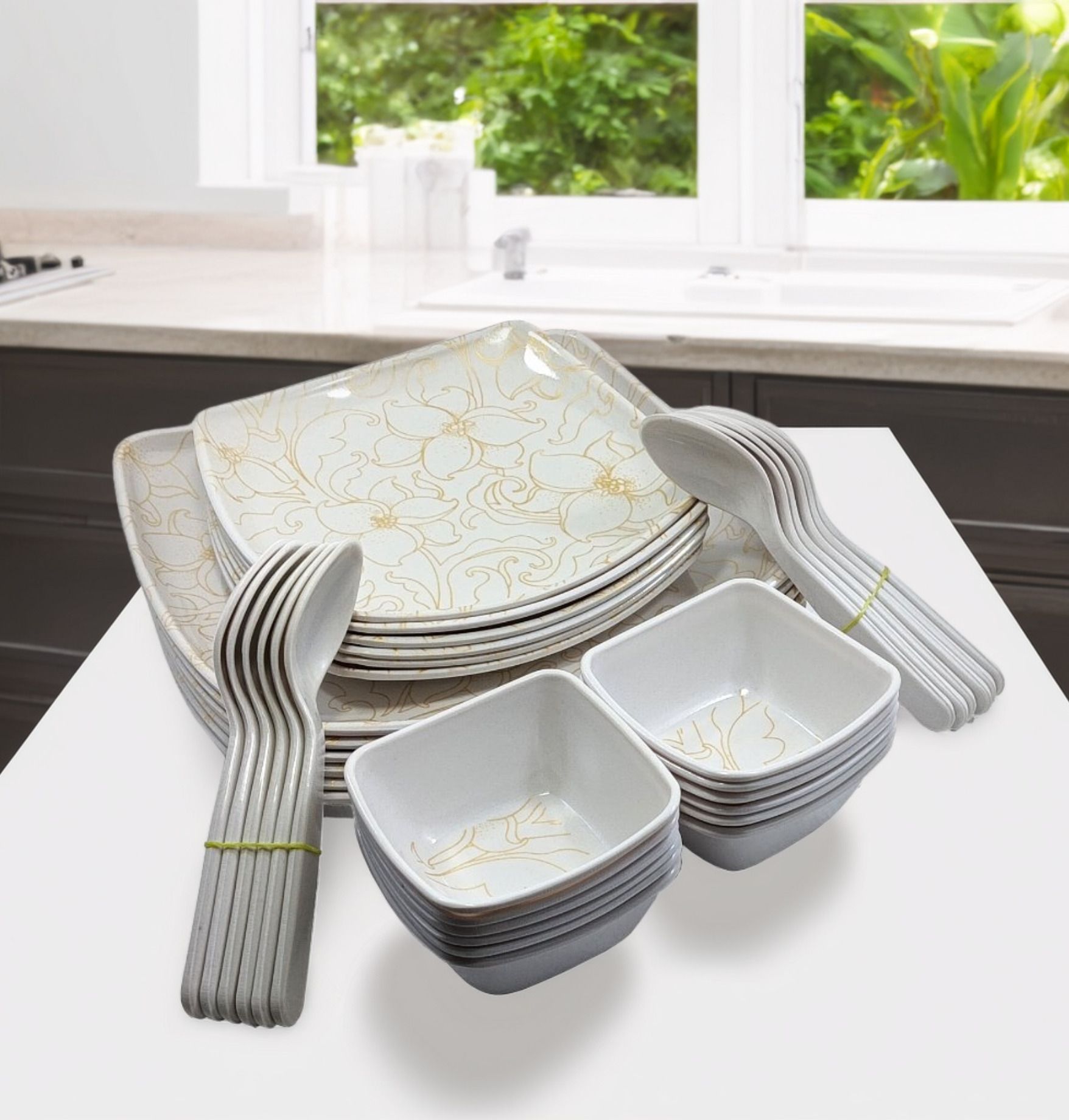 simply serve Pack of 36 Melamin Printed Dinner Set | Contains - 6 Full Plate, 6 Half Plate, 12 Bowl & 12 Spoon Dinner Set-picture-37