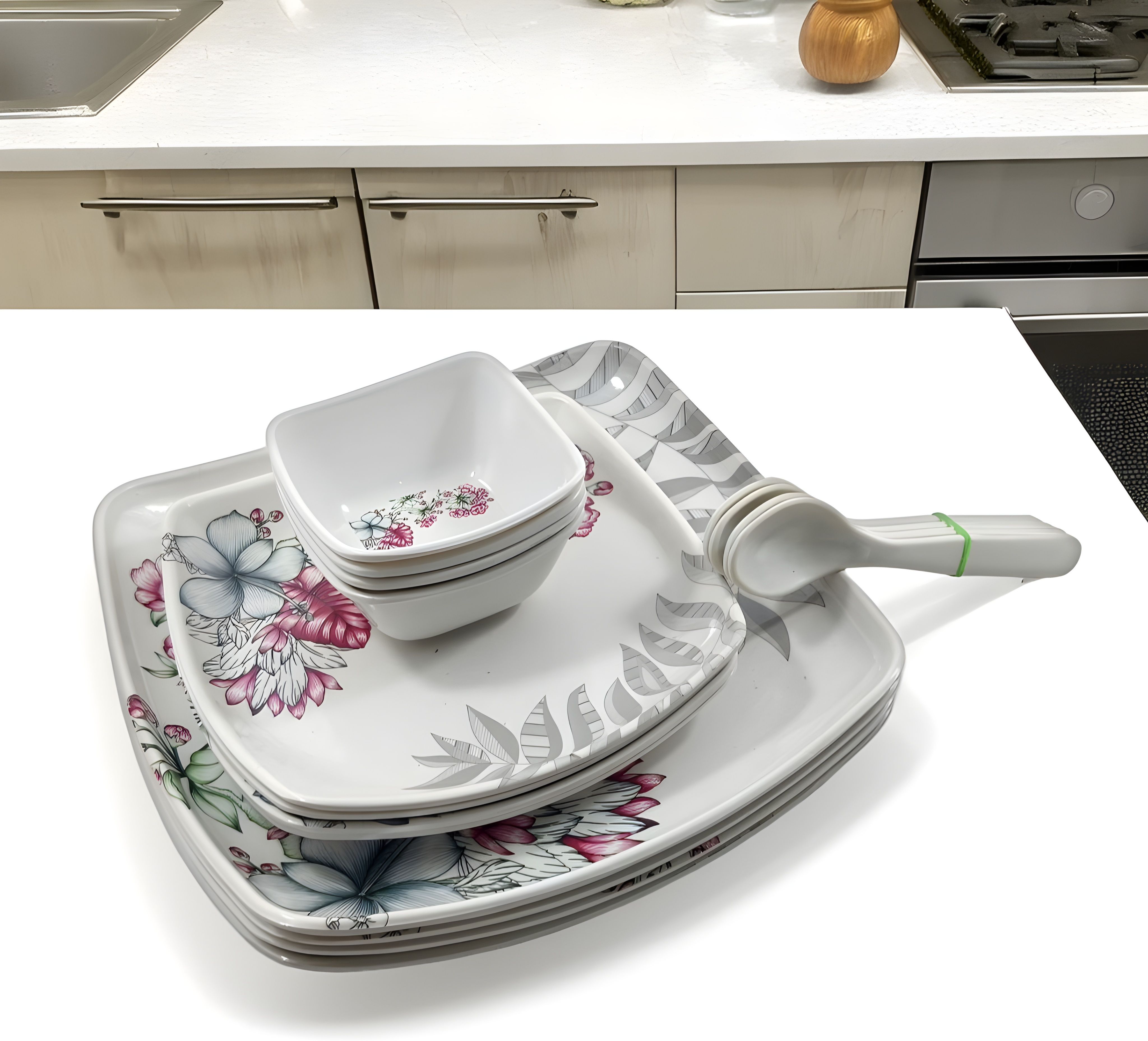 kitchrox Pack of 16 Melamin Daily use dinner set Contains 4 Full Plate, 4 Half Plates, 4 bowls, 4 Spoons Dinner Set-picture-14