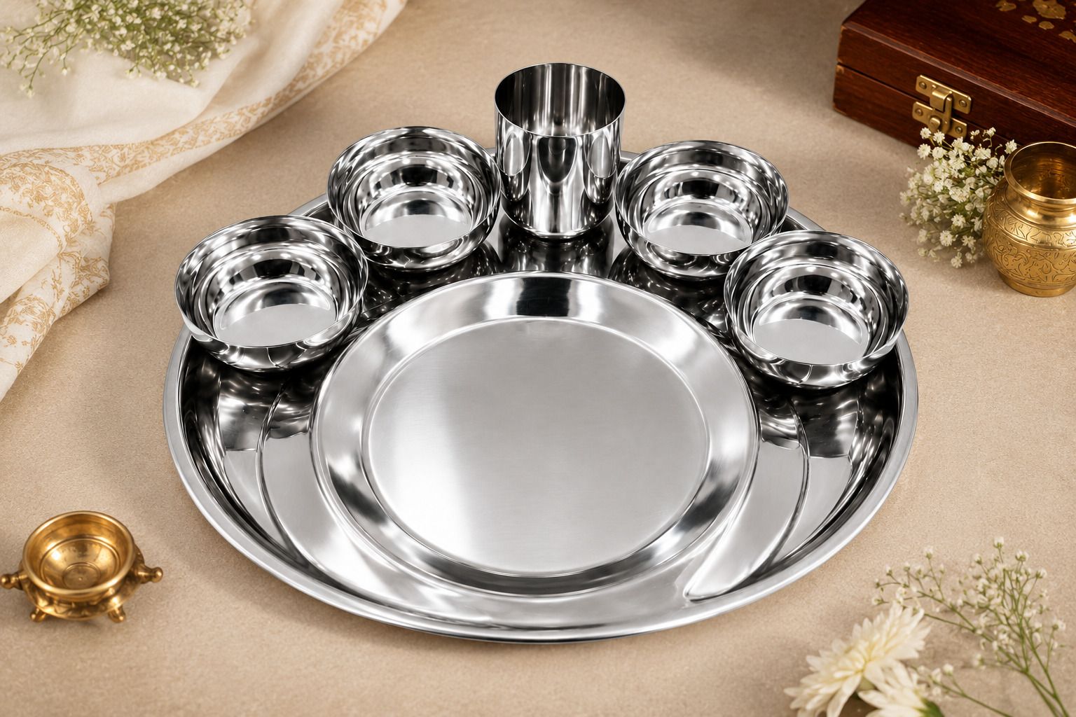 classic essentials Pack of 6 Stainless Steel Maharaja Thali Set of 6 Dinner Set-picture-46