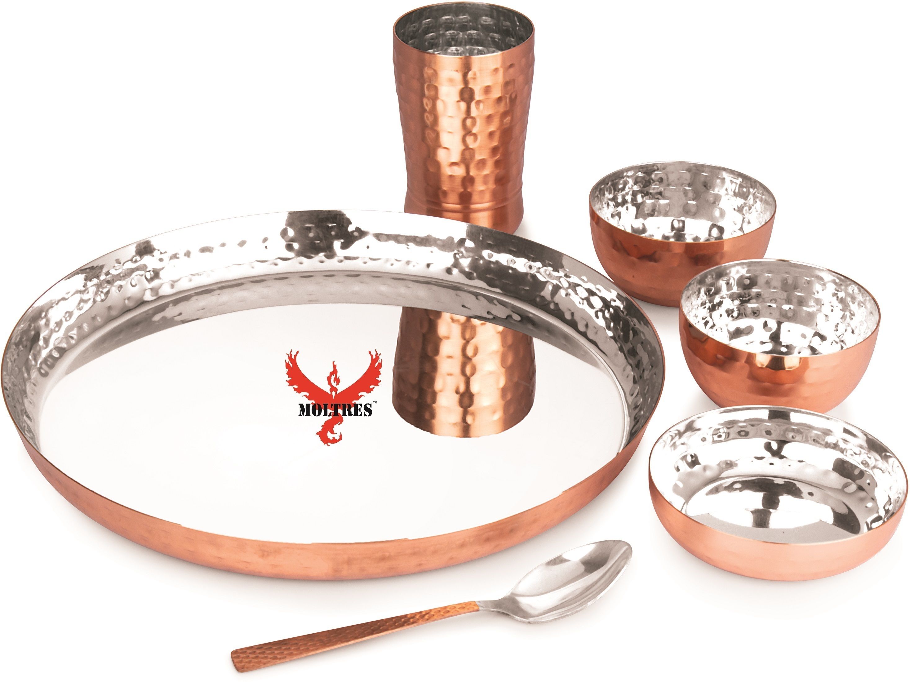 Pack of 6 Stainless Steel, Copper -Royal Hammer Copper Dinner Set-Includes 1 Thali,2 Bowls,1 Plate,1 Spoon,1 Glass Dinner Set-image-42