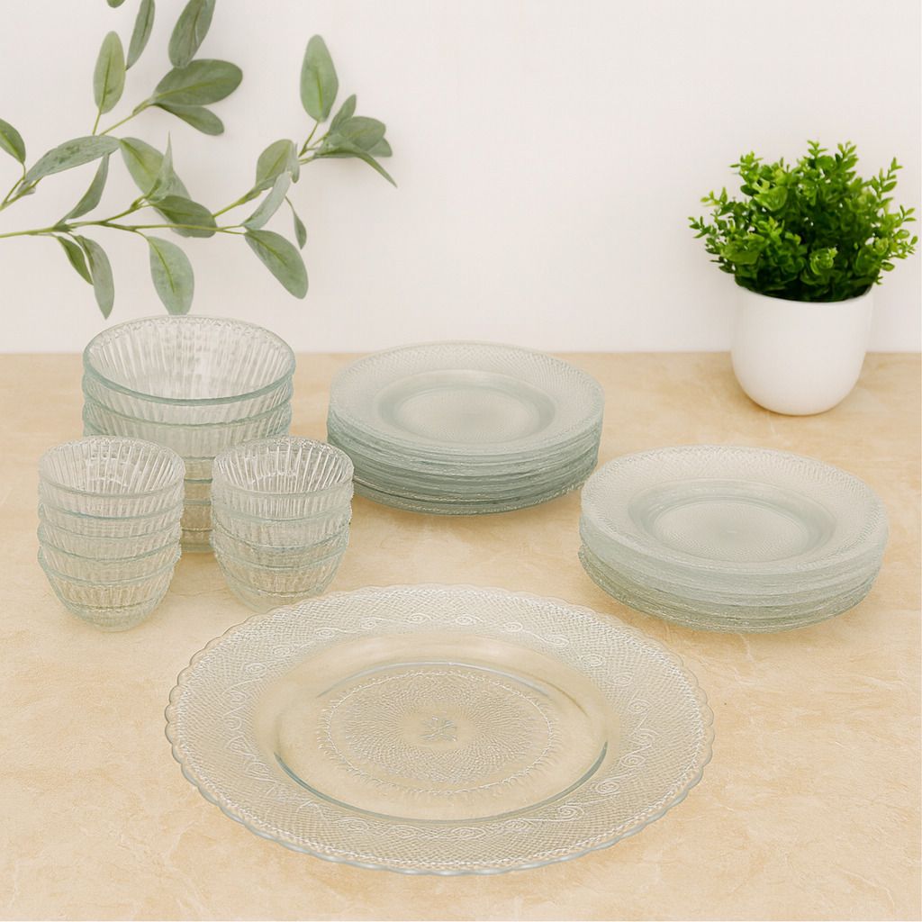 crockware Pack of 28 Glass 28 Pcs Glass Dinner Set | Transparent Plates, Bowls & Glasses Dinner Set-picture-20