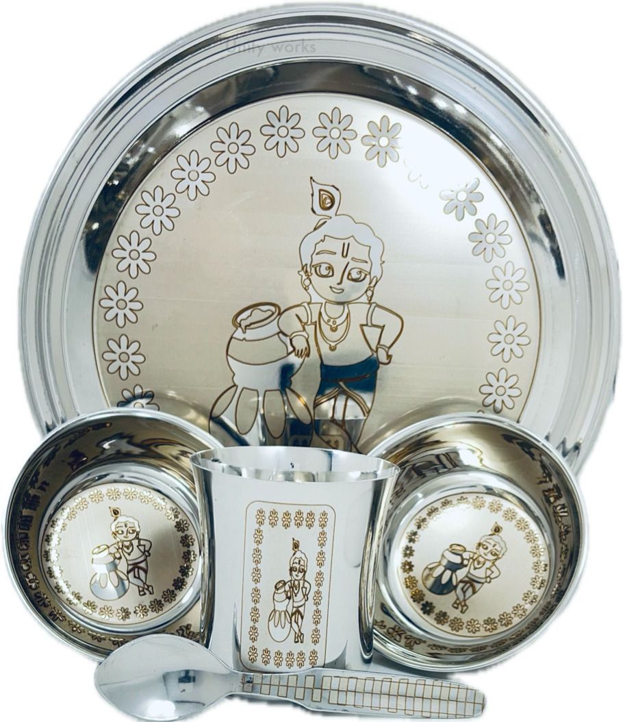 Pack of 5 Stainless Steel S.S Laser printed Dinner/Bhog Set For Laddu Gopal Matt Finish 5 Pcs Set Dinner Set-image-28