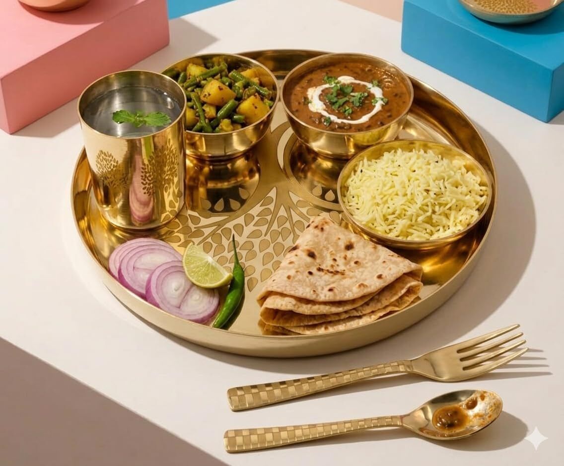 rajneesh handicraft Pack of 7 Bronze Pure Kansa Thali Set 7 Pieces Bell Metal Dinner Set 11.5 Inch Premium Quality Dinner Set-picture-13