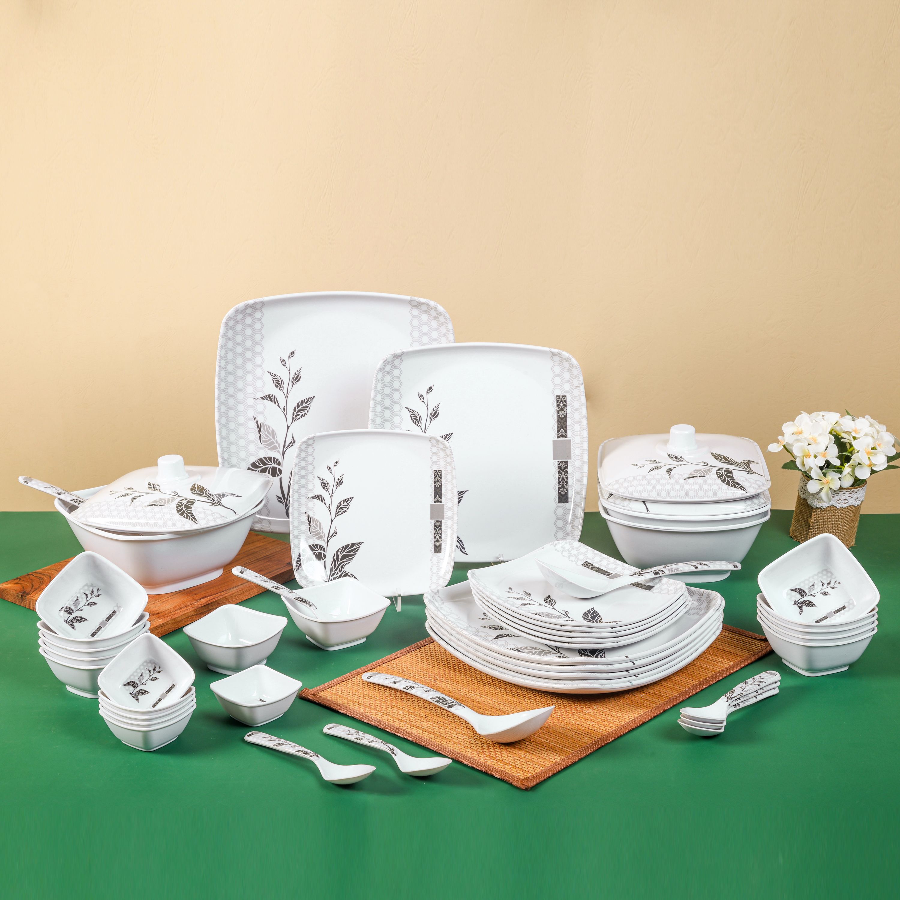 Pack of 46 Melamin City Gold Dinner Set, Elegant, Break & Stain Resistant, Square shape Dinner Set-image-17