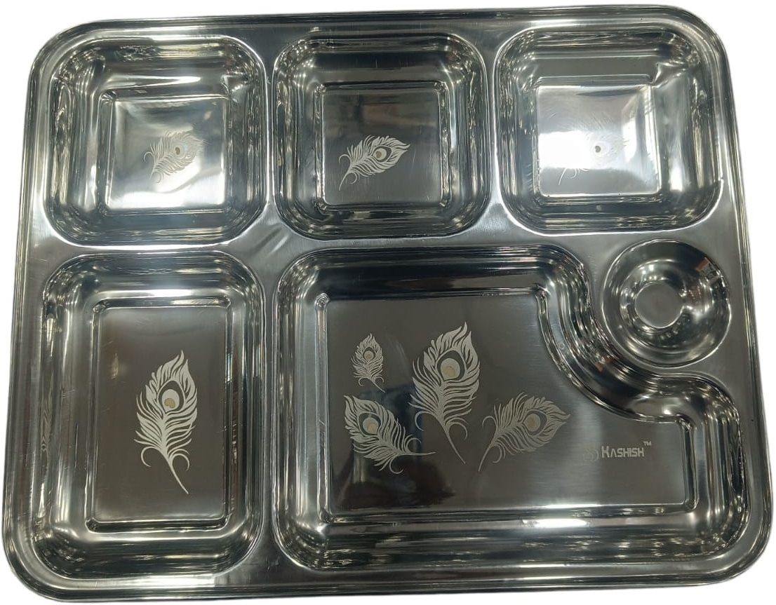 Stainless Steel Stainless Steel Plate Bhojan loral Laser Design in All compartments 5 Thali Dinner Set-image-5