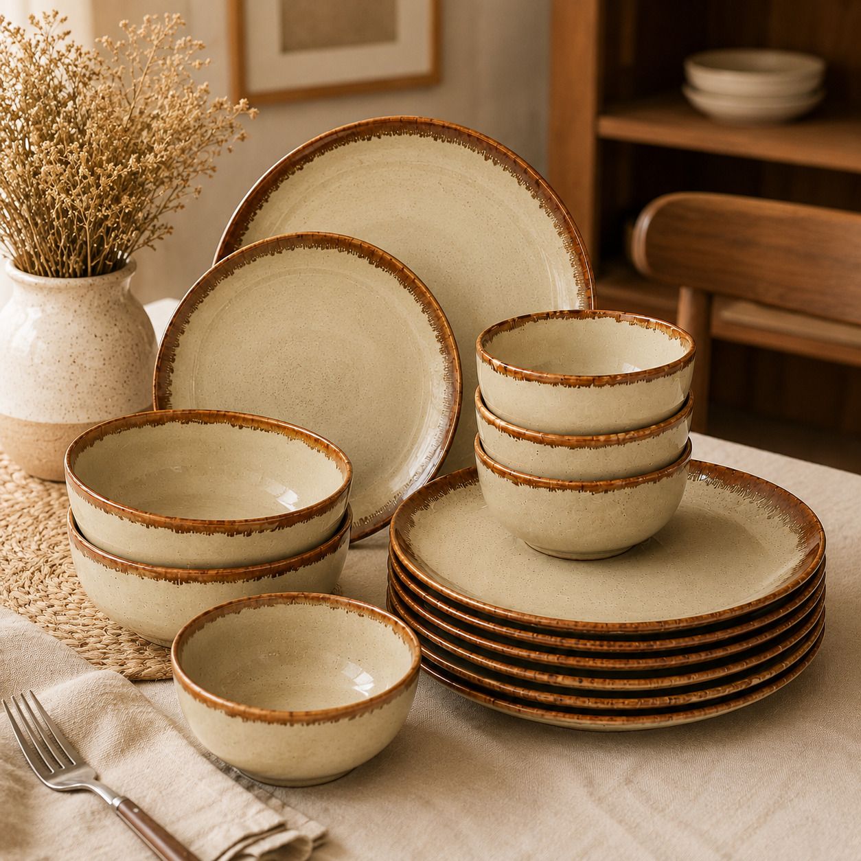 nestcase Pack of 14 Ceramic Stoneware Dinner Set | 6 Plates, 6 Bowls & 2 Serving Bowls | Crockery Dinner Set-picture-15