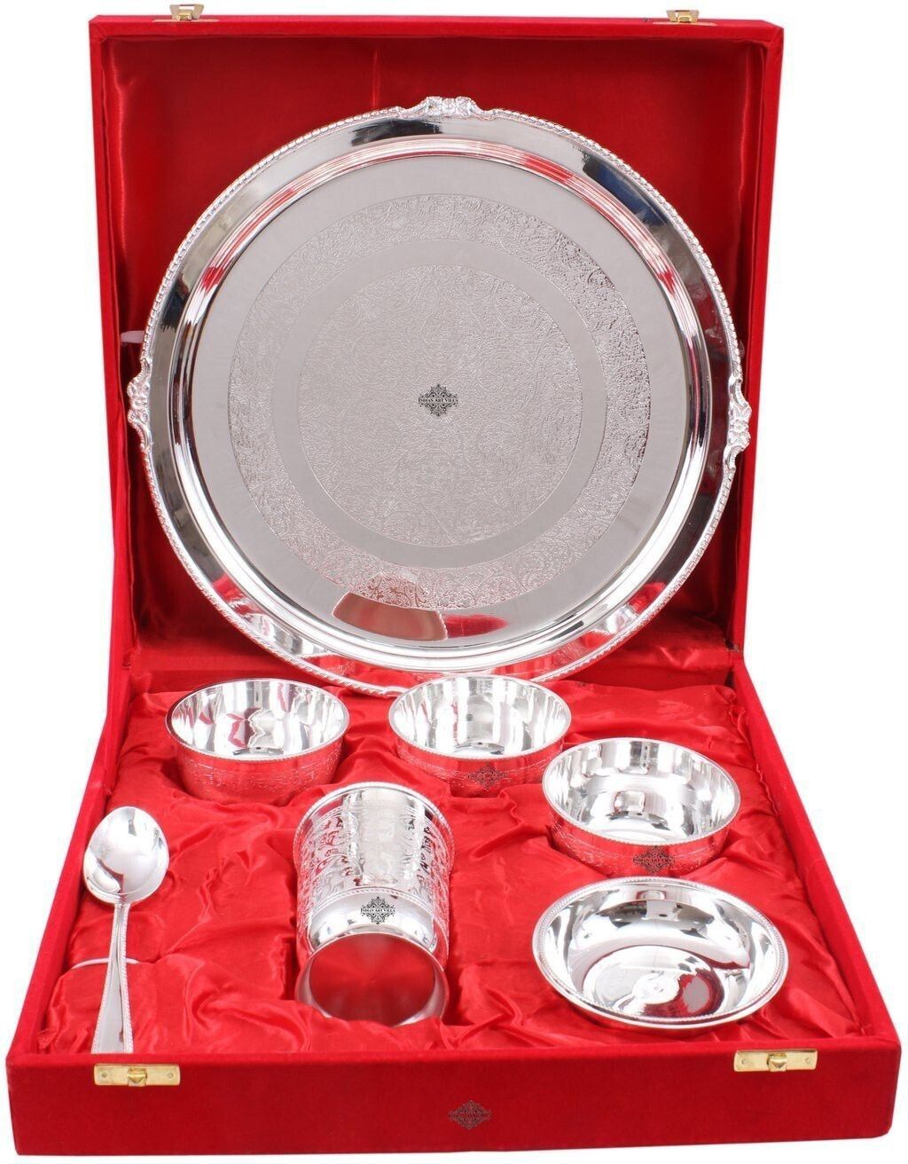 Pack of 7 Silver Plated Silver Plated Embossed 7 Pieces Thali Set,Gift item Dinner Set-image-30