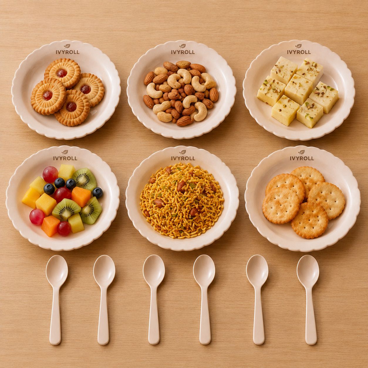 Pack of 12 PP (Polypropylene), Plastic Small Snack Serving Plates Set of 6 with Spoons Easy-to-Clean Dinner Set-image-48