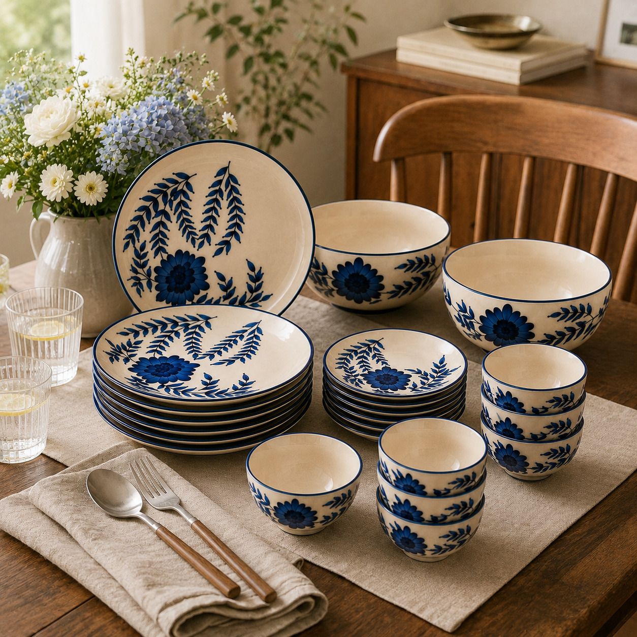 Pack of 20 Ceramic Floral Blue Stoneware Dinner Set | Microwave Safe Crockery Set| Dinner Set-image-32