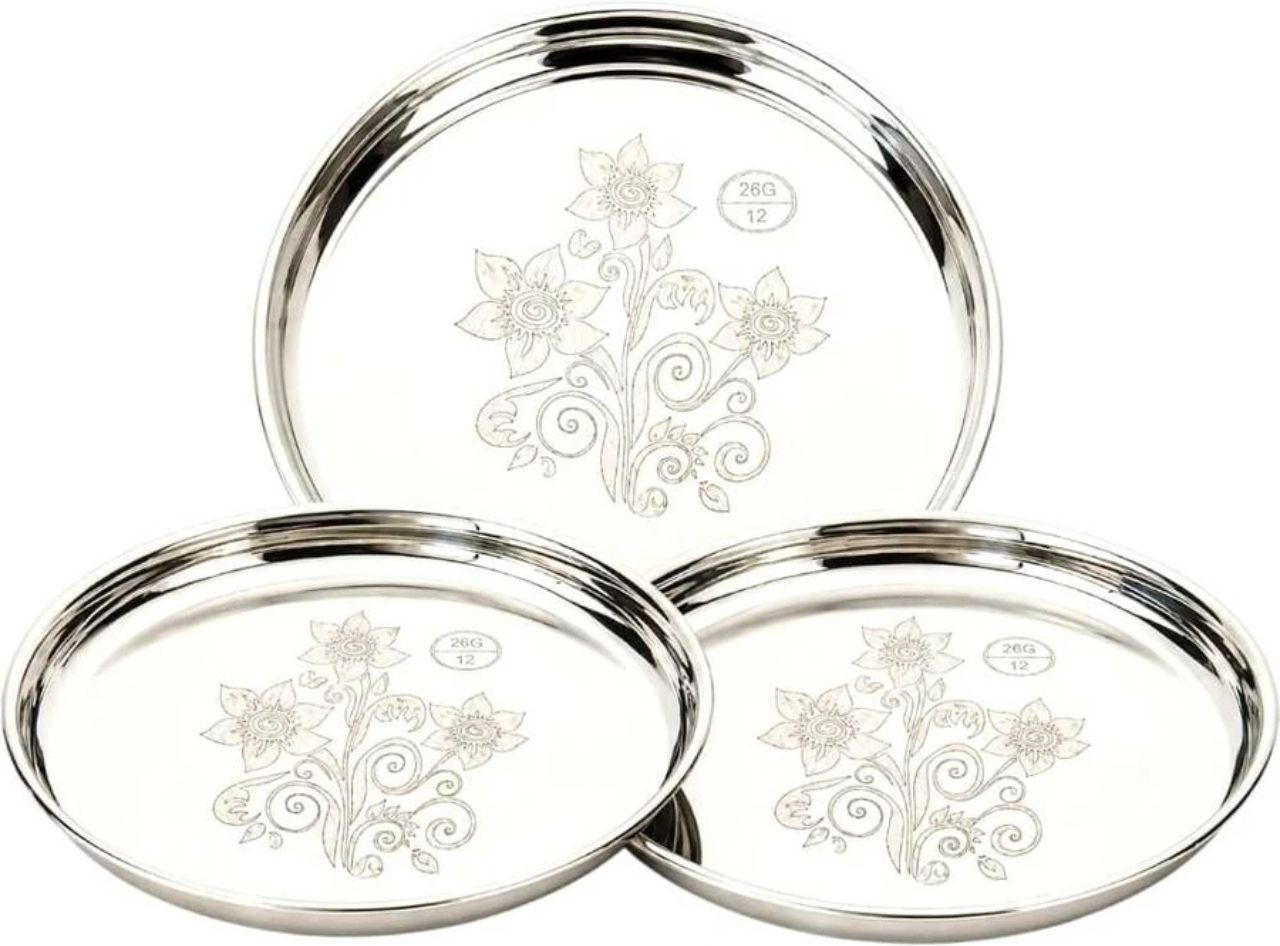 sb steels Pack of 3 Stainless Steel Stainless Steel Mirror Finish Floral Design Dinner Thali Plate | Dinner Set-picture-30
