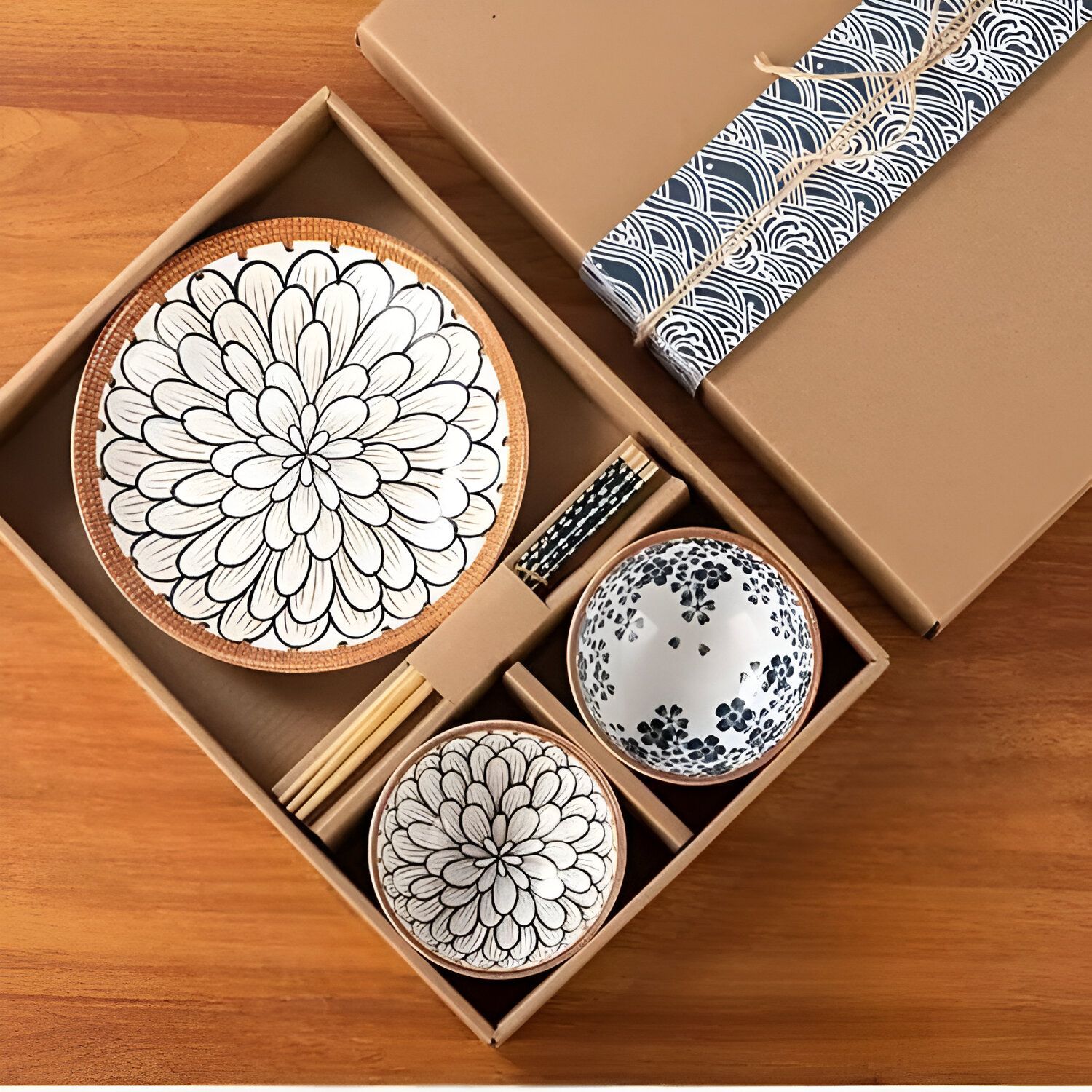 Pack of 3 Ceramic Premium Ceramic Dinnerware Set with Bowls Plate Chopsticks for Home Use Dinner Set-image-5