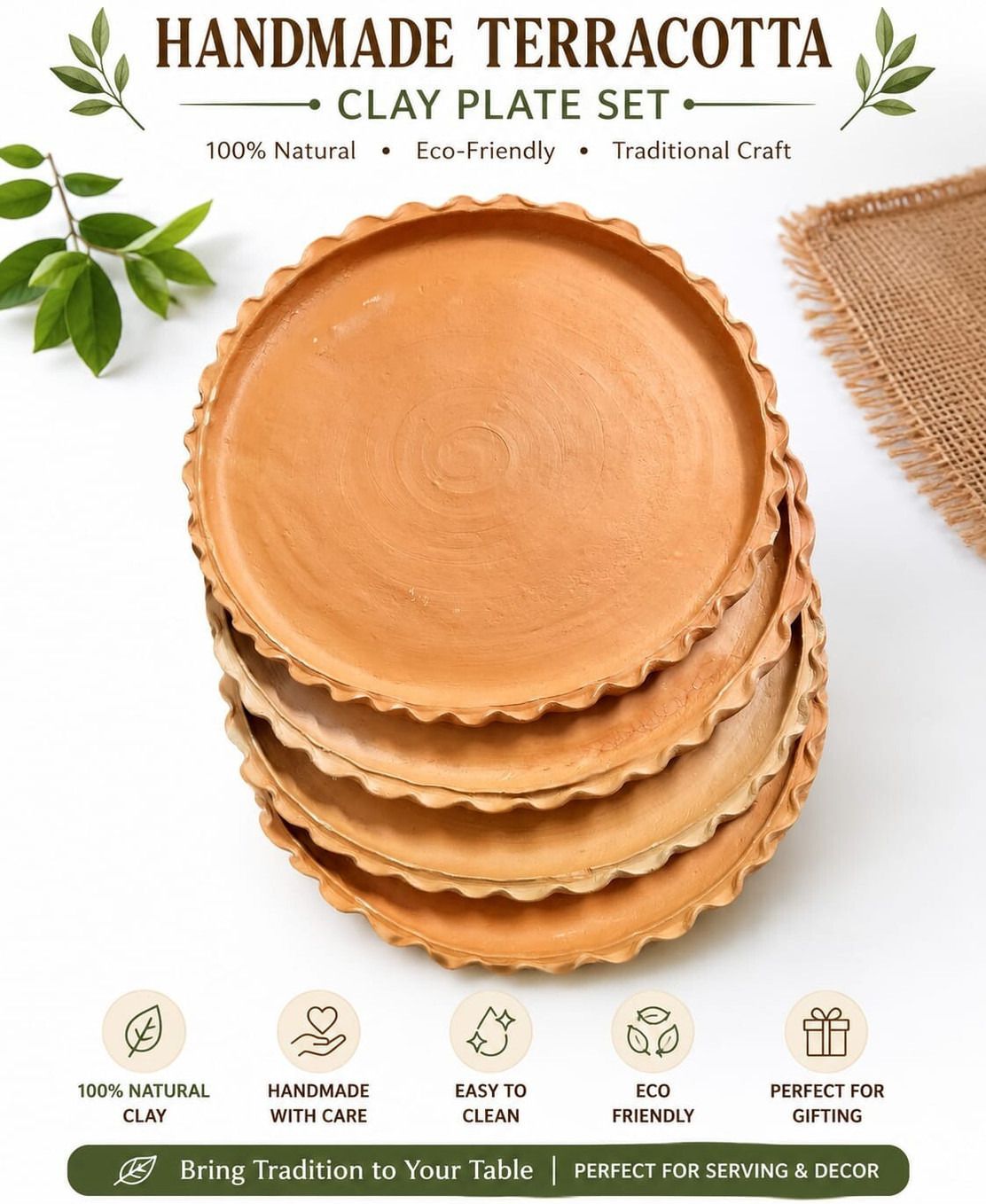 Pack of 4 Earthenware Hatekalame 4 Pieces Handmade Terracotta Clay Plate Dinner Set-image-21