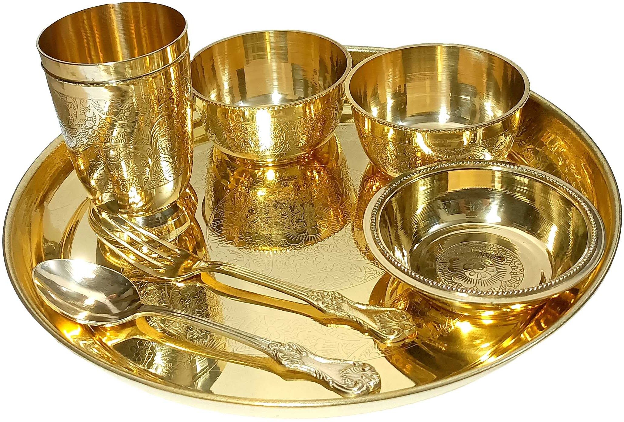 Pack of 7 Brass Floral Design Pital Thali Set , Dinner Set for Dinnerware Serveware Dinner Set-image-48