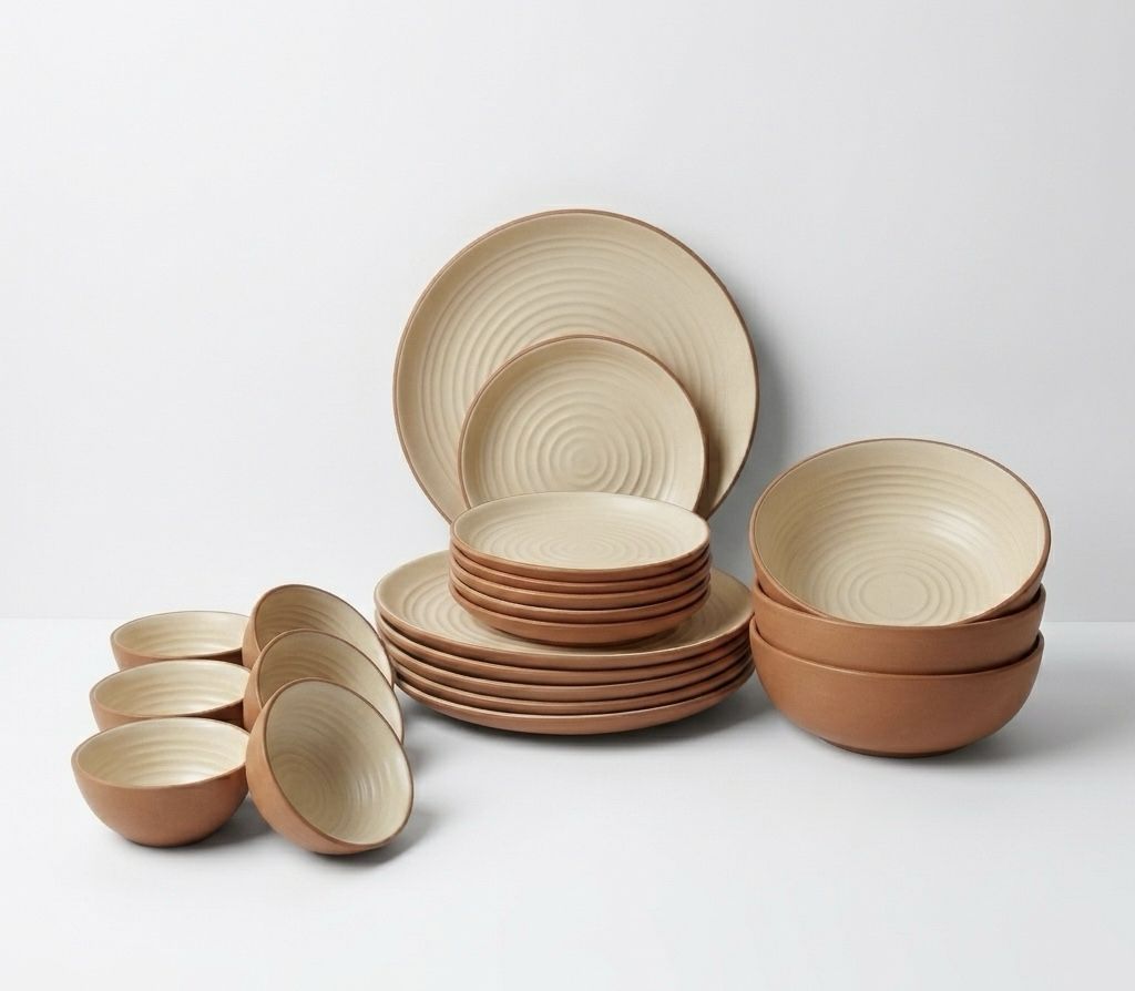 Pack of 21 Stoneware Ceramic, 21 Piece, Cream Clay Collection Dinner Set-image-41