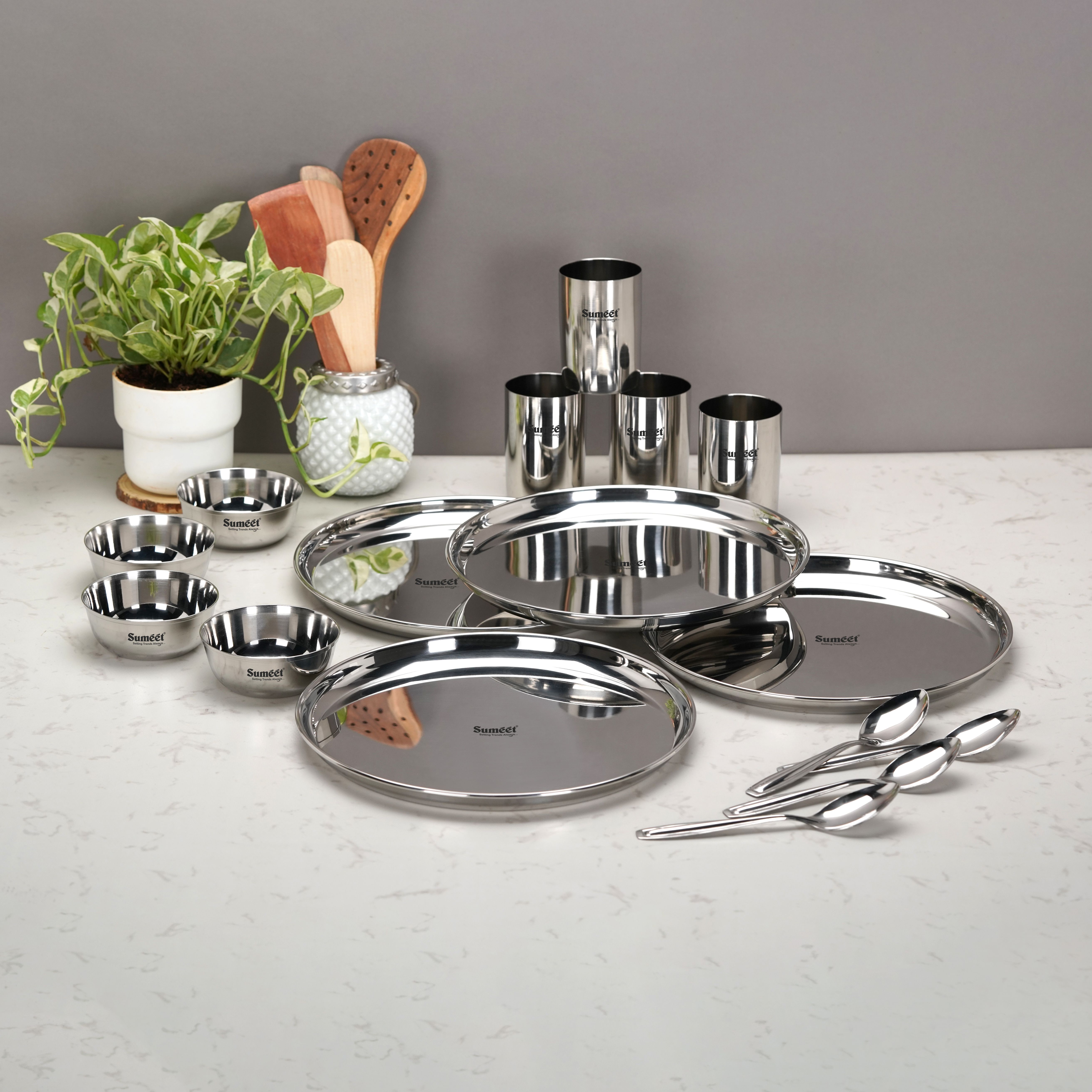 sumeet Pack of 16 Stainless Steel Stainless Steel Heavy Dinner set-16 Pcs (4 Plate,4 Bowl,4 Glass,4 Spoon) Silver Dinner Set-picture-14