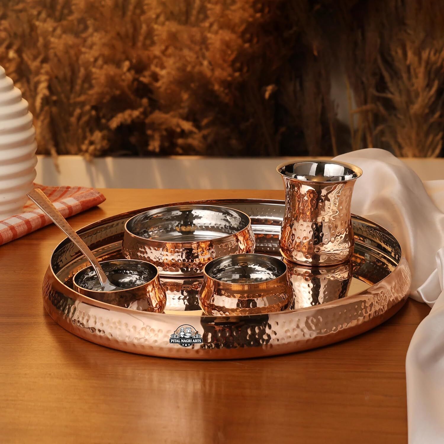 Pack of 6 Copper, Stainless Steel Steel Copper Hammered Thali Set 6 Pc Plate Bowls Glass Spoon Dinner Set Dinner Set-image-11