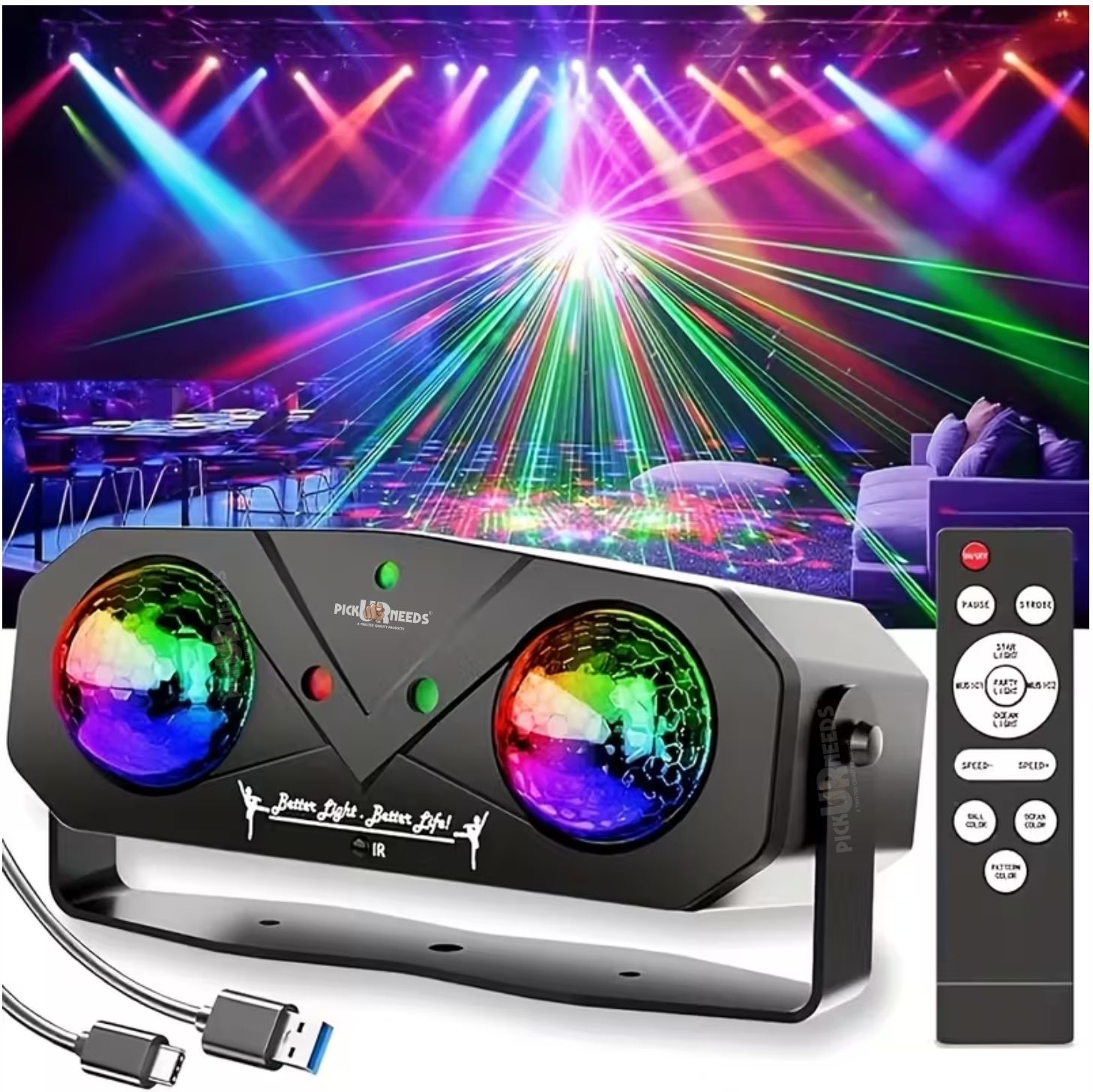 Dual Lens Party Light Projector, Remote-Sound Activated RGB Laser &Strobe Effect Dual Disco Ball-image-26