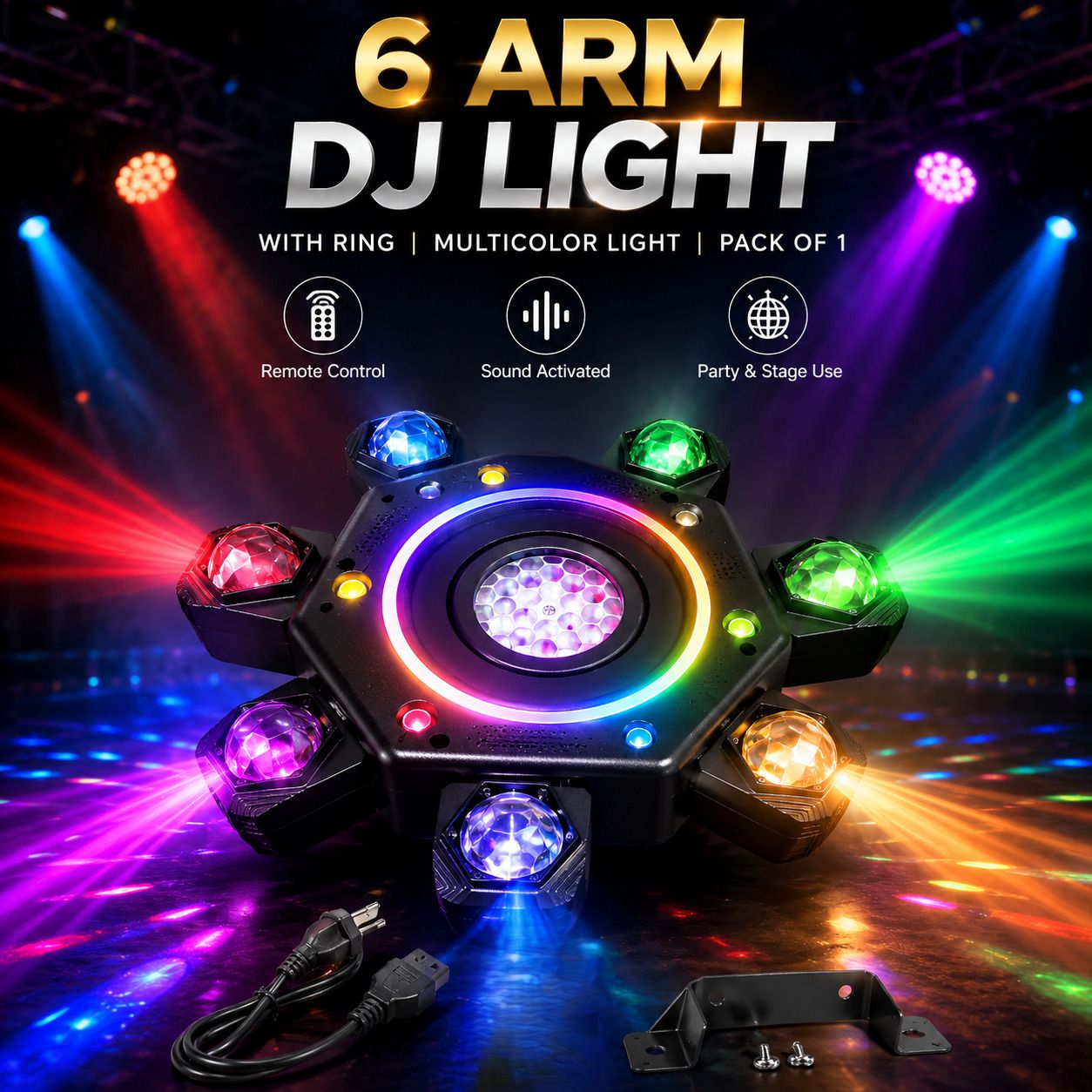 spark world Model Name: 6 Arm DJ Light with Multicolor RGB Ring (Pack of 1) Disco Ball Set-picture-42