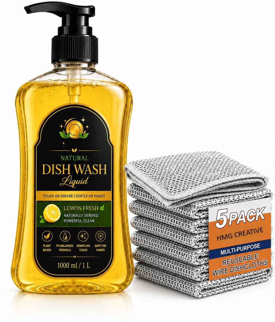 HMG creative Natural Dish Wash Liquid 1L with 5 Reusable Wire Dishcloths Lemon Fresh for Computers, Gaming, Laptops, Mobiles-image-34