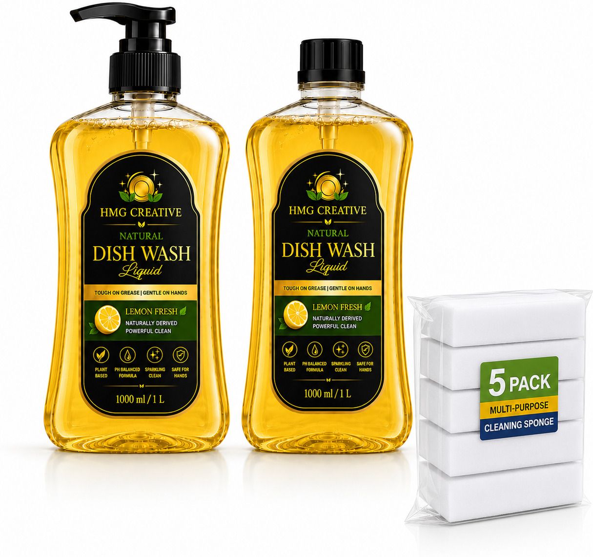 HMG creative Dish Wash Gel 2 x 1L with 5 Heavy Duty Cleaning Sponges Lemon Fresh for Computers, Gaming, Laptops, Mobiles-image-42