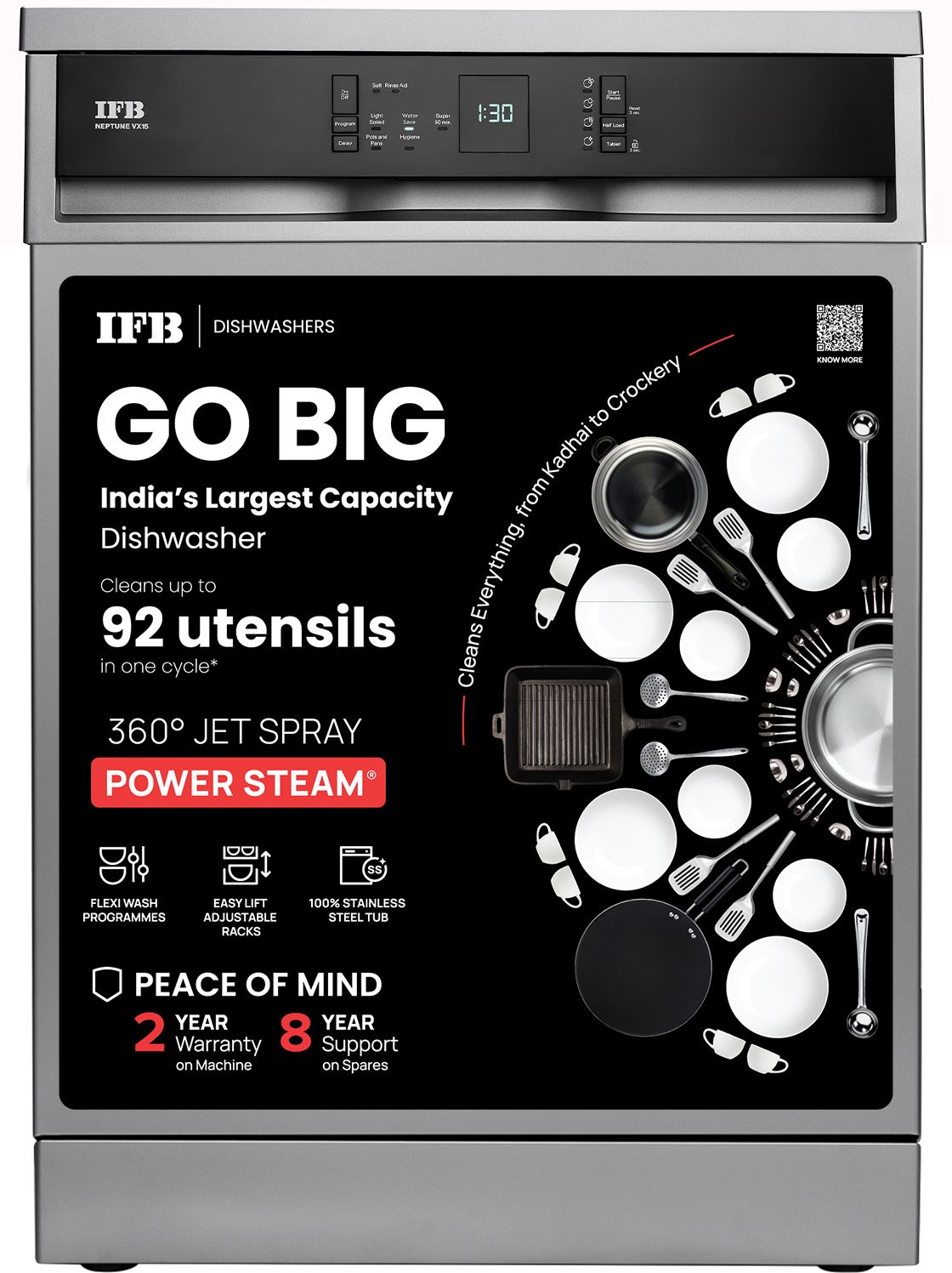 Neptune VX15 Free Standing 15 Place Settings with 70 Degree Hot Water Wash, 360 Degree Spray Arm, Hygienic Steam Drying Dishwasher-image-46