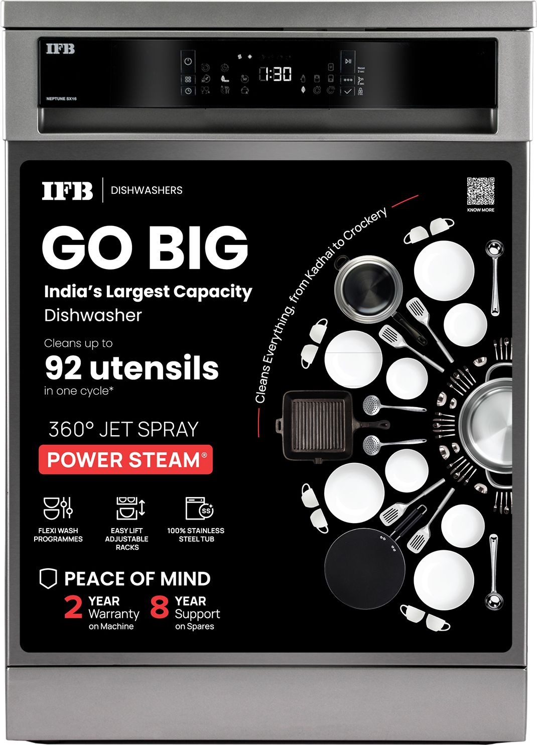 Neptune SX16 Free Standing 16 Place Settings ION Technology, Auto Door Open, 70 Degree Hot Water Wash, Hygienic Steam Drying, Pearl Grey Dishwasher-image-45