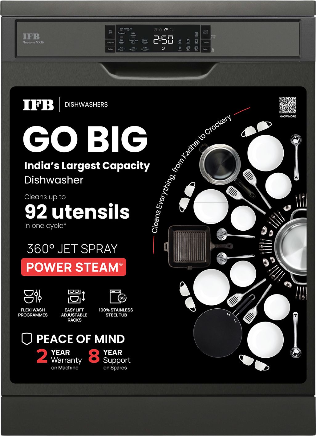 Neptune VX16 Free Standing 16 Place Settings with ION Technology, Auto Door Open, 70 Degree Hot Water Wash, Hygienic Steam Drying, Inox Grey Dishwasher